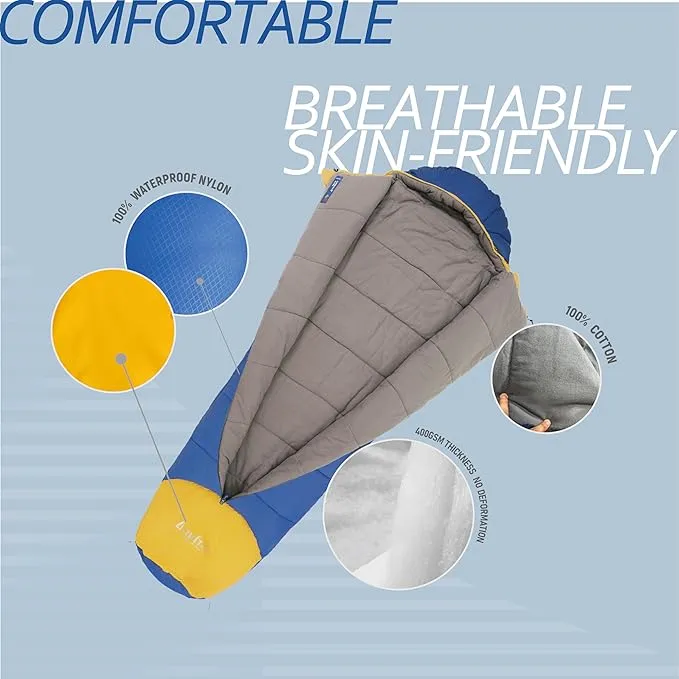 0 Degree Mummy Style Adult Sleeping Bag 100% Cotton Flannel,Big and Tall Cold Weather Winter Zero Degree Camping, Free Compression Sack.