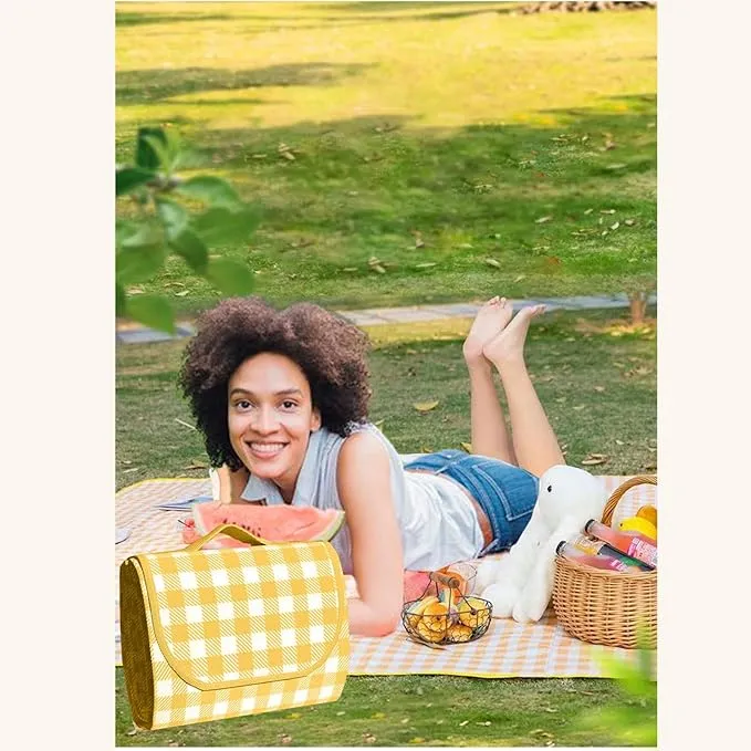 1 Foldable Picnic Blanket Large Size 80 ""x 80"" Family Outdoor Camping Dinner for 8 People can sit 40 ""x 60"" Couples Exclusive mat, (40""×60 ""), Yellow