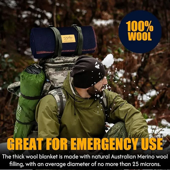 100% Wool Blanket, 62" x 86", Warm, Thick, Washable, Military Wool Blanket, Great for Camping, Outdoors, Sporting Events, Survival Kits