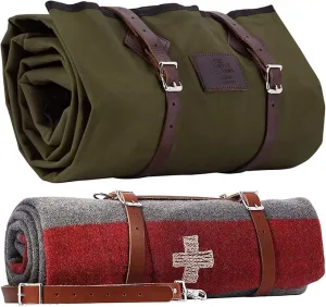 1844 Helko Werk Germany Waxed Canvas Bedroll & Swiss Army Blanket Bundle - Camping Bedroll with Leather Straps and Zipper - Waterproof Portable Bed (Blanket   Bedroll Forest Green) #F8761FGB
