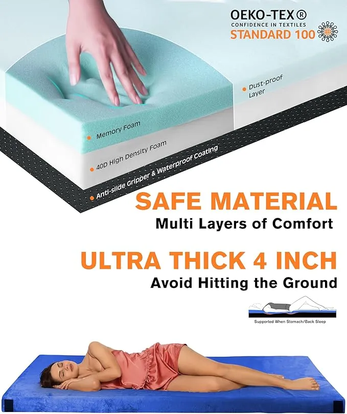 4 INCH Thick Memory Foam Camping Pad Futon Mattress, Portable Floor Sleeping Mat Sleepover Guest Bed Roll Up Mattress for Outdoor Extra Supportive for Side Sleepers