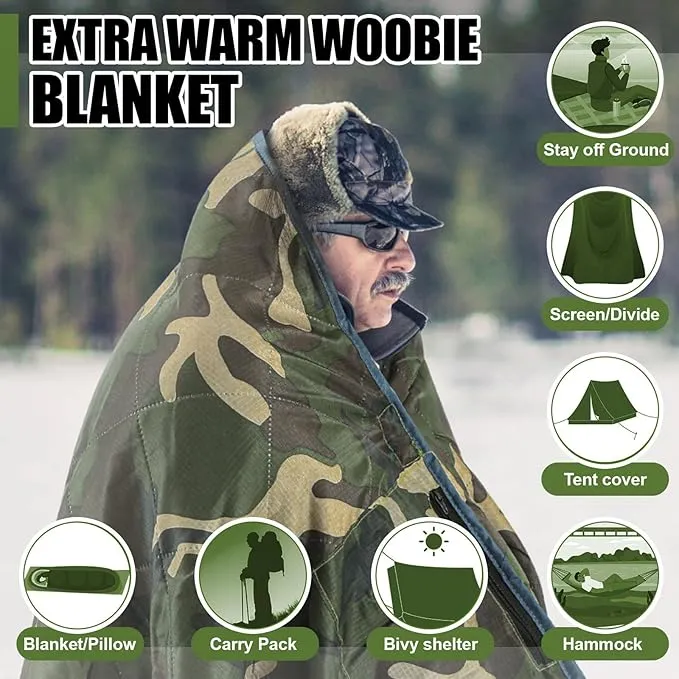 59" x 79" Woobie Blanket Camping Blanket with Sherpa Lining Large Military Blanket Waterproof Warm Outdoor Blanket for Camping, Hunting, Sporting Events, Picnic, Hiking(Camouflage,1 Pc)