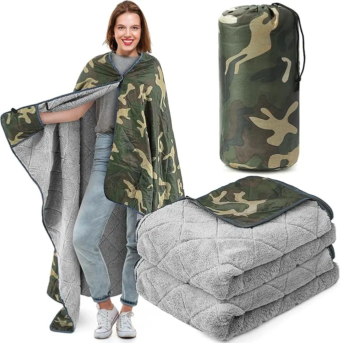59" x 79" Woobie Blanket Camping Blanket with Sherpa Lining Large Military Blanket Waterproof Warm Outdoor Blanket for Camping, Hunting, Sporting Events, Picnic, Hiking(Camouflage,1 Pc)