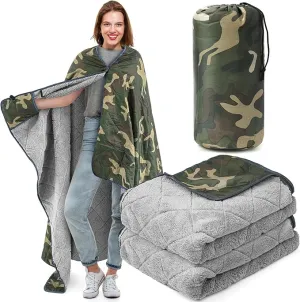 59" x 79" Woobie Blanket Camping Blanket with Sherpa Lining Large Military Blanket Waterproof Warm Outdoor Blanket for Camping, Hunting, Sporting Events, Picnic, Hiking(Camouflage,1 Pc)