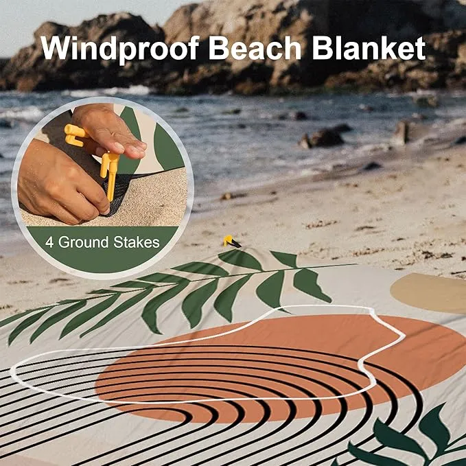 78''×86'' Large Sandproof Beach Blanket for 4-8 Adults, Waterproof Sand Free Beach Mat with 4 Stakes, Polyester Lightweight Big Foldable Boho Outdoor Picnic Blanket for Camping, Hiking, Park, Grass