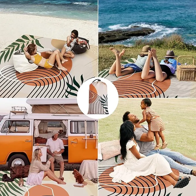 78''×86'' Large Sandproof Beach Blanket for 4-8 Adults, Waterproof Sand Free Beach Mat with 4 Stakes, Polyester Lightweight Big Foldable Boho Outdoor Picnic Blanket for Camping, Hiking, Park, Grass