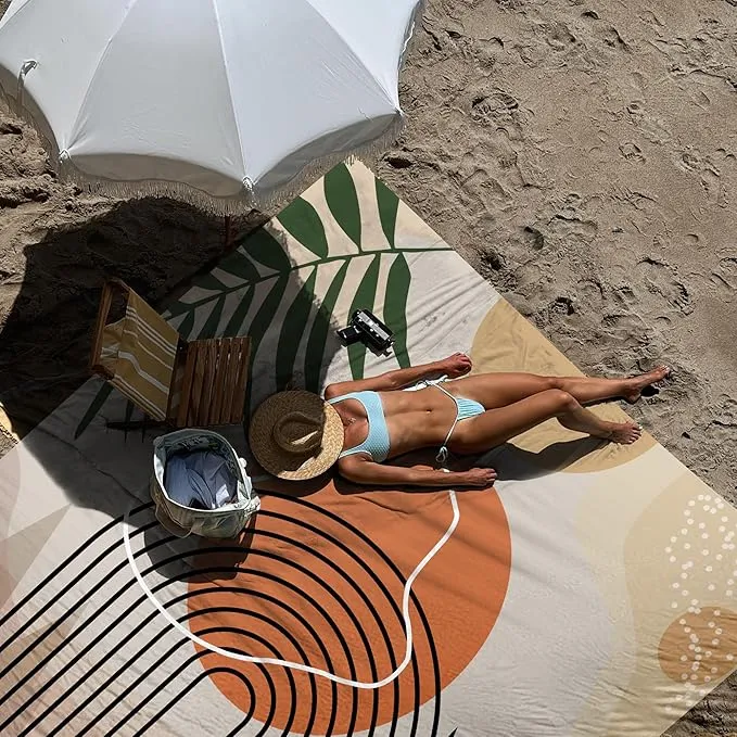 78''×86'' Large Sandproof Beach Blanket for 4-8 Adults, Waterproof Sand Free Beach Mat with 4 Stakes, Polyester Lightweight Big Foldable Boho Outdoor Picnic Blanket for Camping, Hiking, Park, Grass