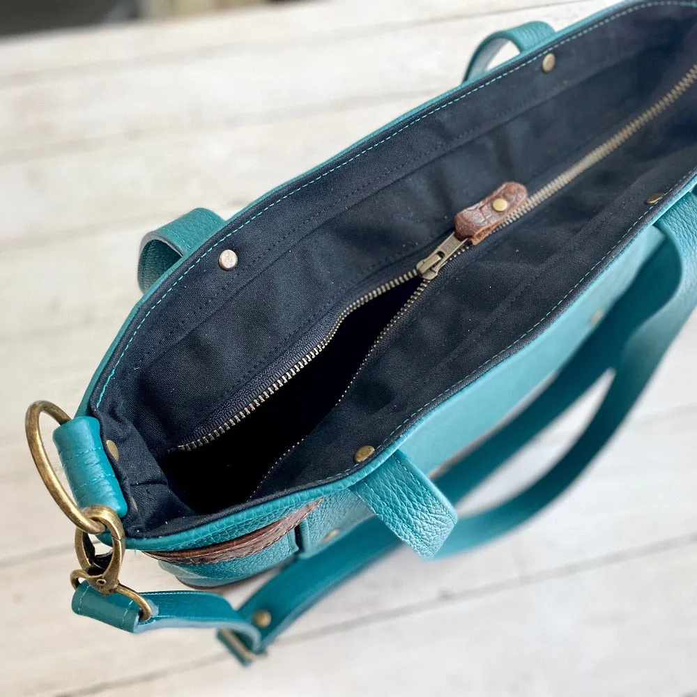Archive Mini in Teal Leather, Brown Croc Embossed
