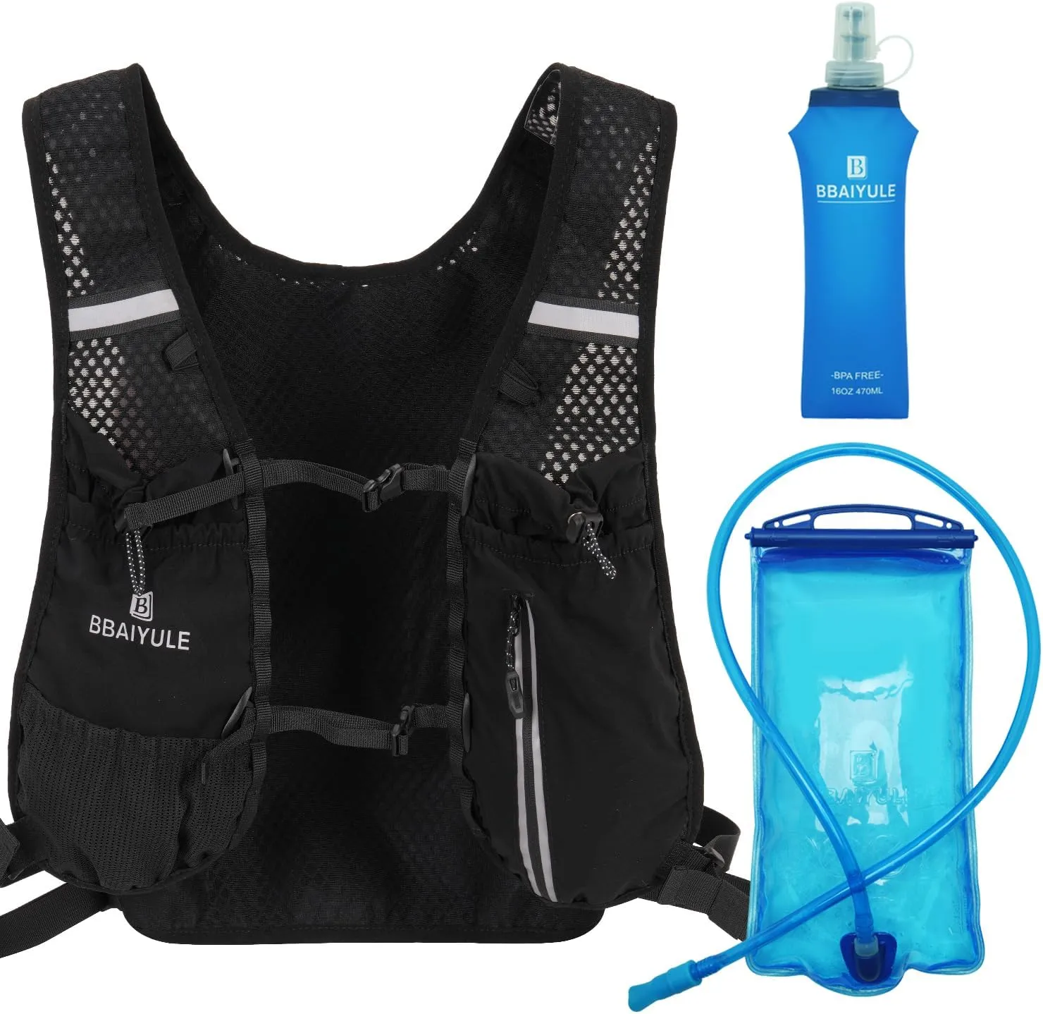 B BBAIYULE Hydration Running Vest , Hydration Bladder or Soft Flask(Optional), Lightweight Water Backpack Men Women, Trail Marathon Hiking Cycling (Backpack with 1pcs Bladder and 1pcs Soft Flask)