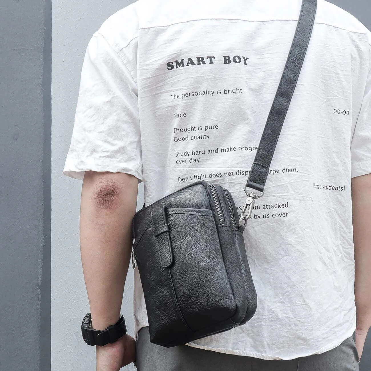 Black Leather Men's Small Crossbody Bag