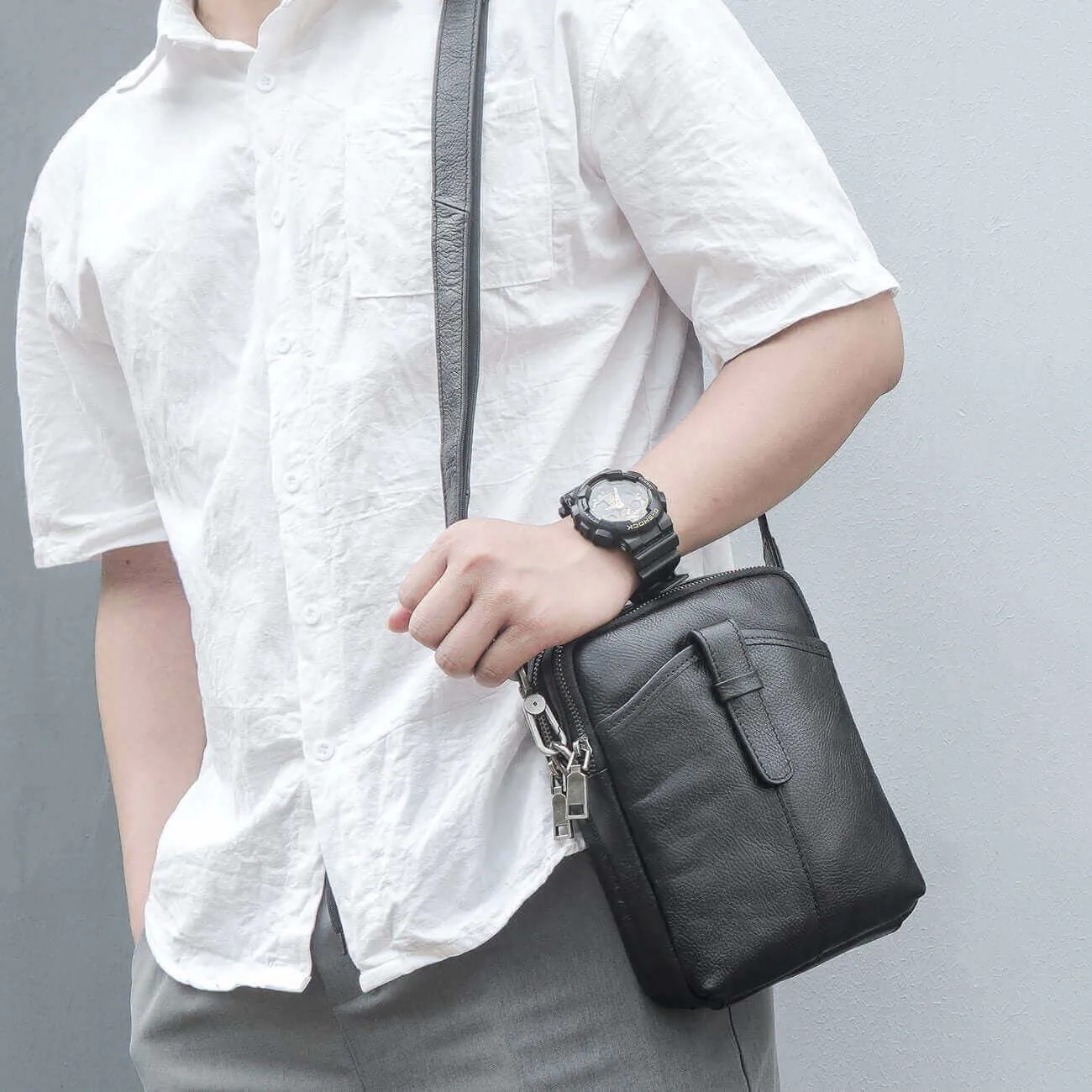 Black Leather Men's Small Crossbody Bag