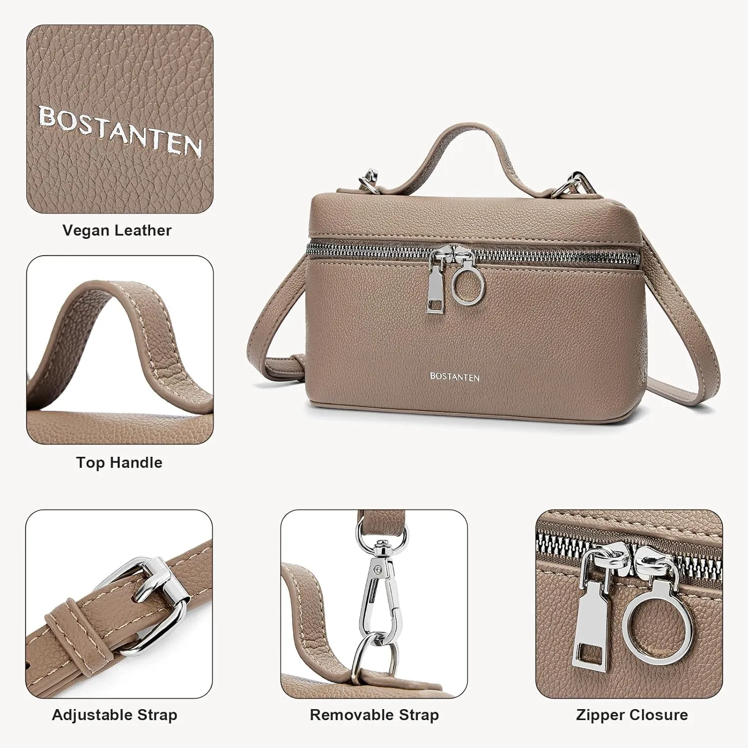 BOSTANTEN Vegan Leather Satchel Bag Quilted Crossbody Purses for Women Small Tote Shoulder Handbags with Detachable Strap