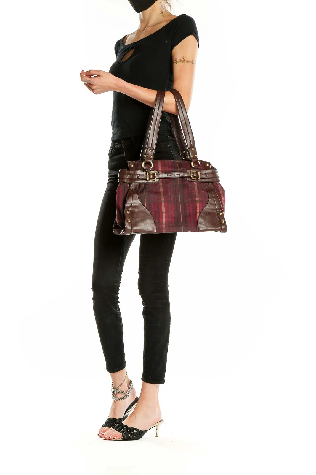 Burgundy Plaid Leather Trim Satchel