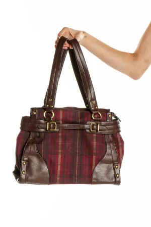 Burgundy Plaid Leather Trim Satchel