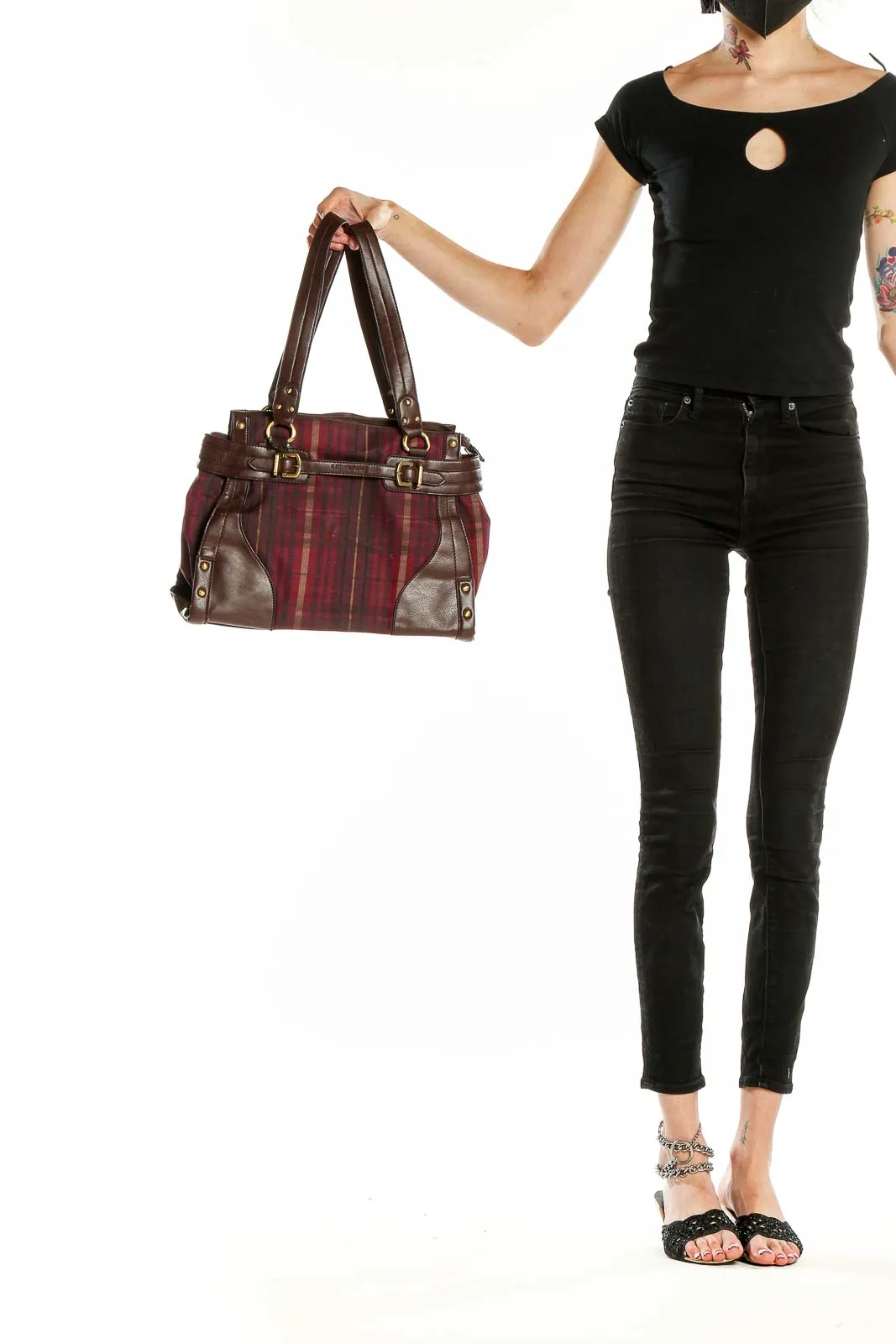 Burgundy Plaid Leather Trim Satchel