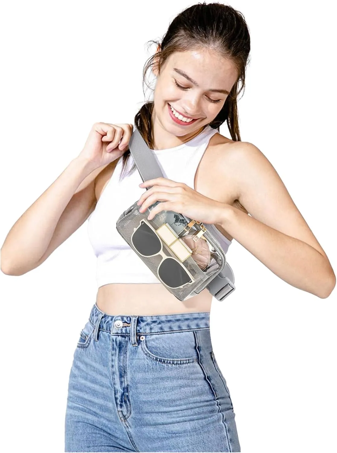 Clear Fanny Pack Belt Bag Stadium Approved for Women Men with Adjustable Strap Water-resistant Waist bag Clear Purse for Travel Workout Running Hiking(Gray