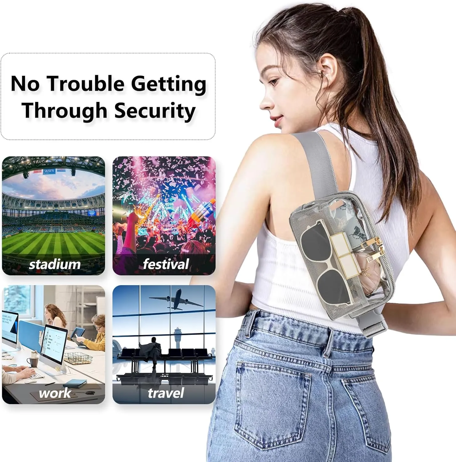 Clear Fanny Pack Belt Bag Stadium Approved for Women Men with Adjustable Strap Water-resistant Waist bag Clear Purse for Travel Workout Running Hiking(Gray