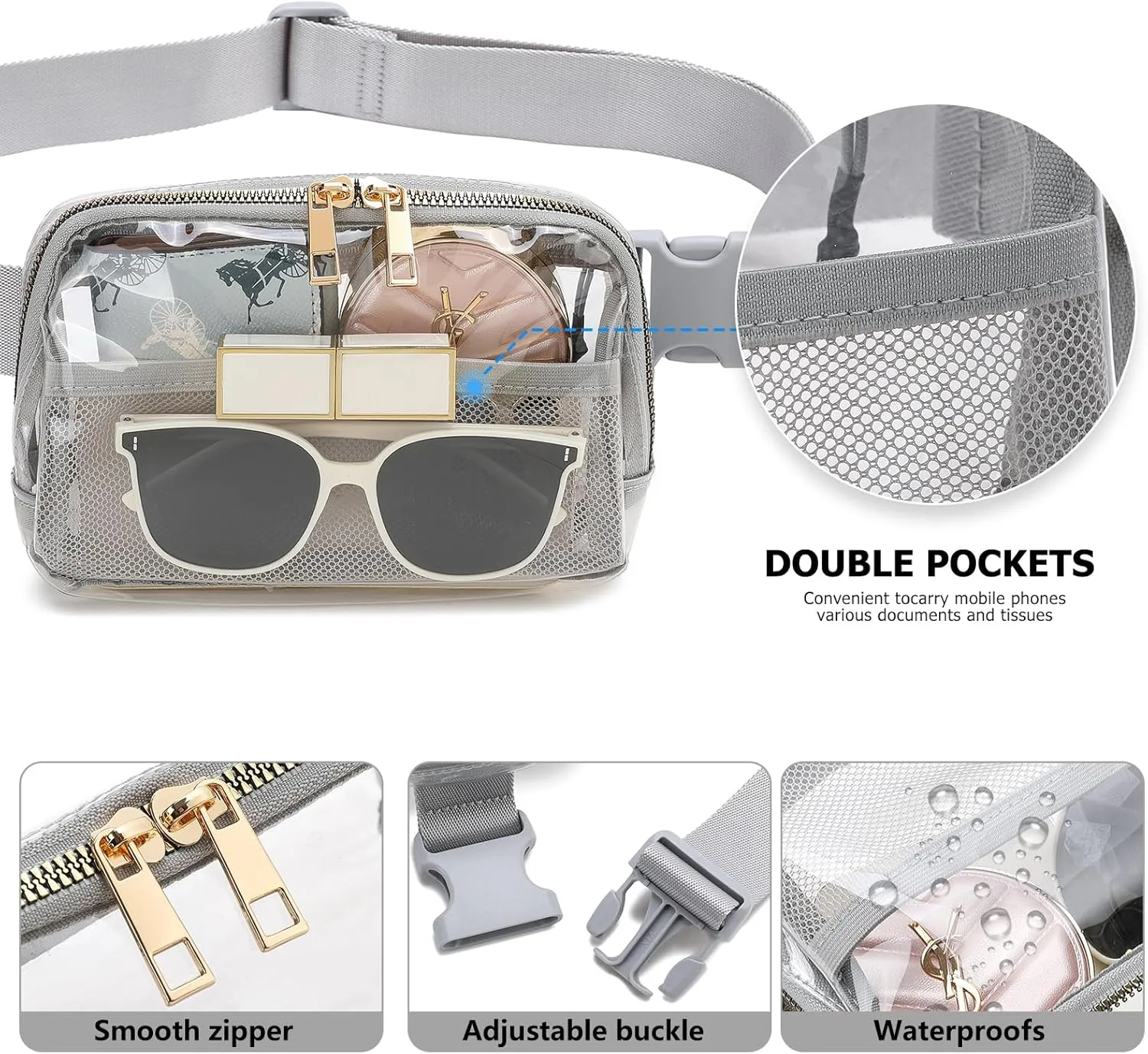 Clear Fanny Pack Belt Bag Stadium Approved for Women Men with Adjustable Strap Water-resistant Waist bag Clear Purse for Travel Workout Running Hiking(Gray