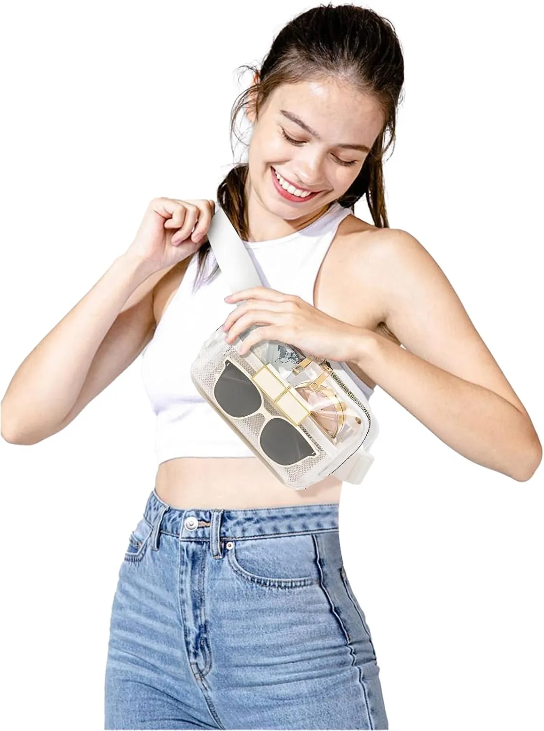 Clear Fanny Pack Belt Bag Stadium Approved for Women Men with Adjustable Strap Water-resistant Waist bag Clear Purse for Travel Workout Running Hiking(White)