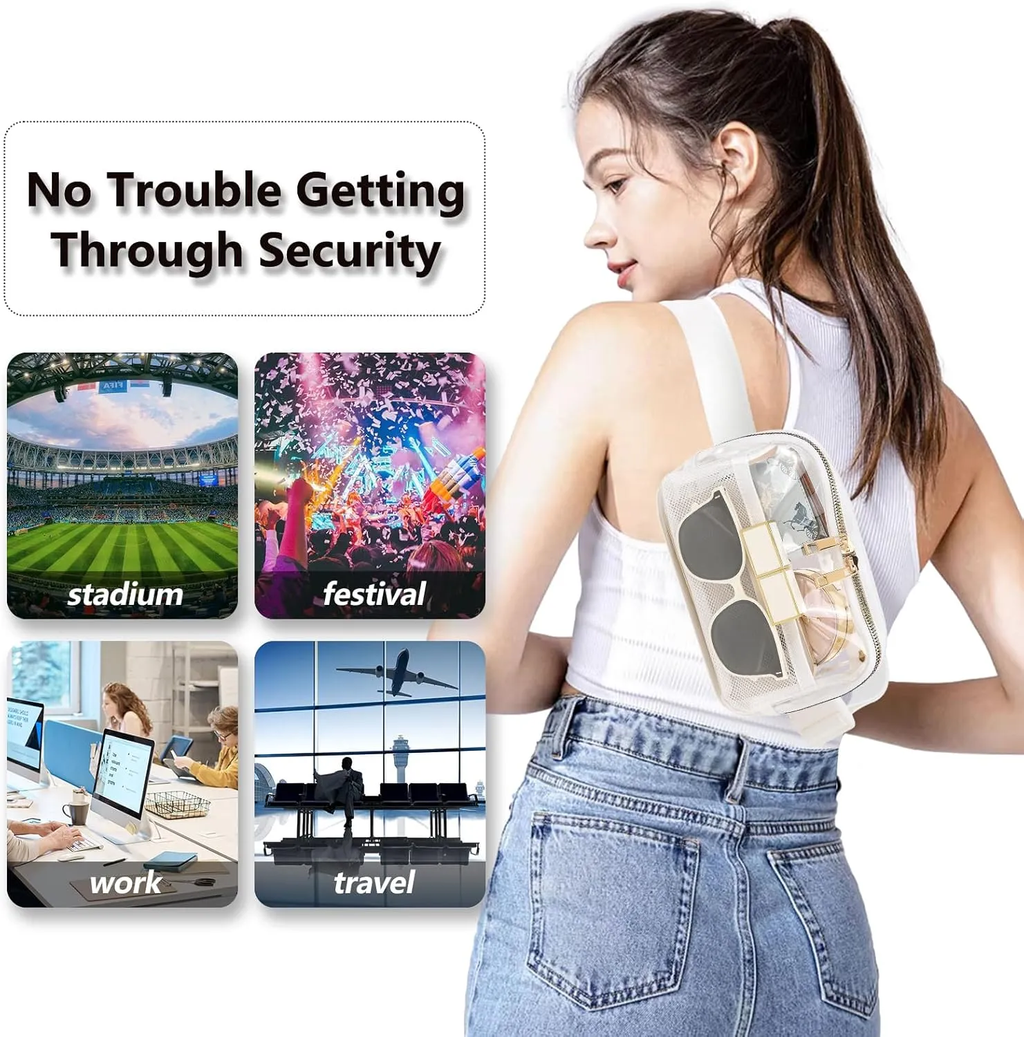 Clear Fanny Pack Belt Bag Stadium Approved for Women Men with Adjustable Strap Water-resistant Waist bag Clear Purse for Travel Workout Running Hiking(White)