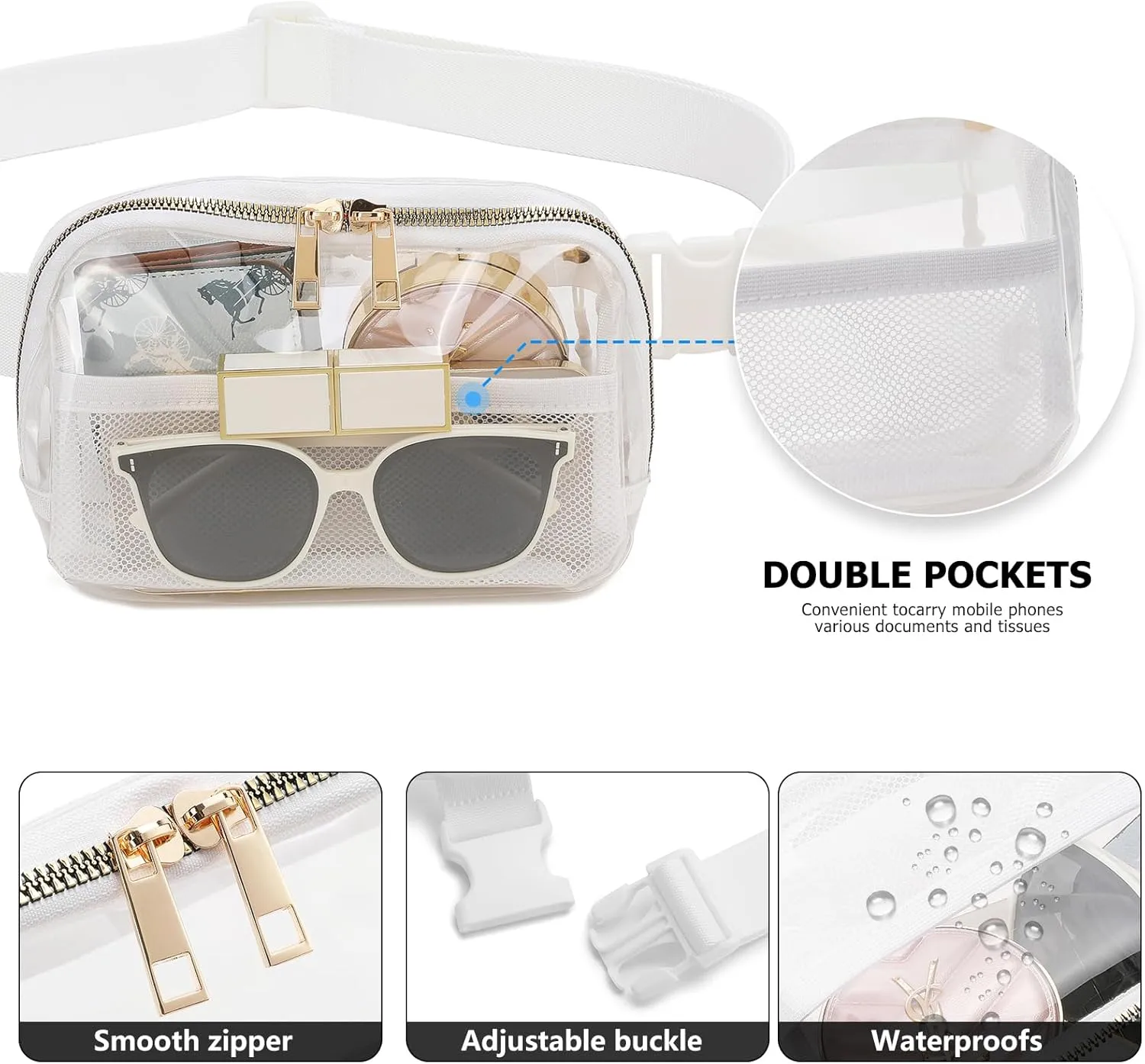 Clear Fanny Pack Belt Bag Stadium Approved for Women Men with Adjustable Strap Water-resistant Waist bag Clear Purse for Travel Workout Running Hiking(White)