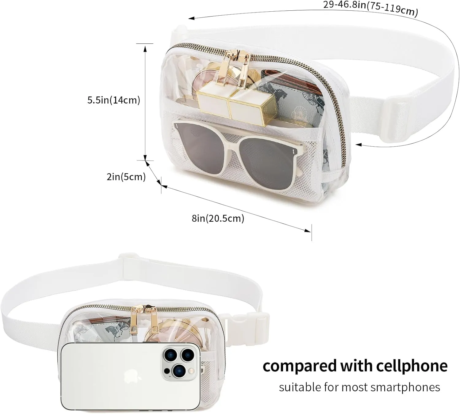 Clear Fanny Pack Belt Bag Stadium Approved for Women Men with Adjustable Strap Water-resistant Waist bag Clear Purse for Travel Workout Running Hiking(White)