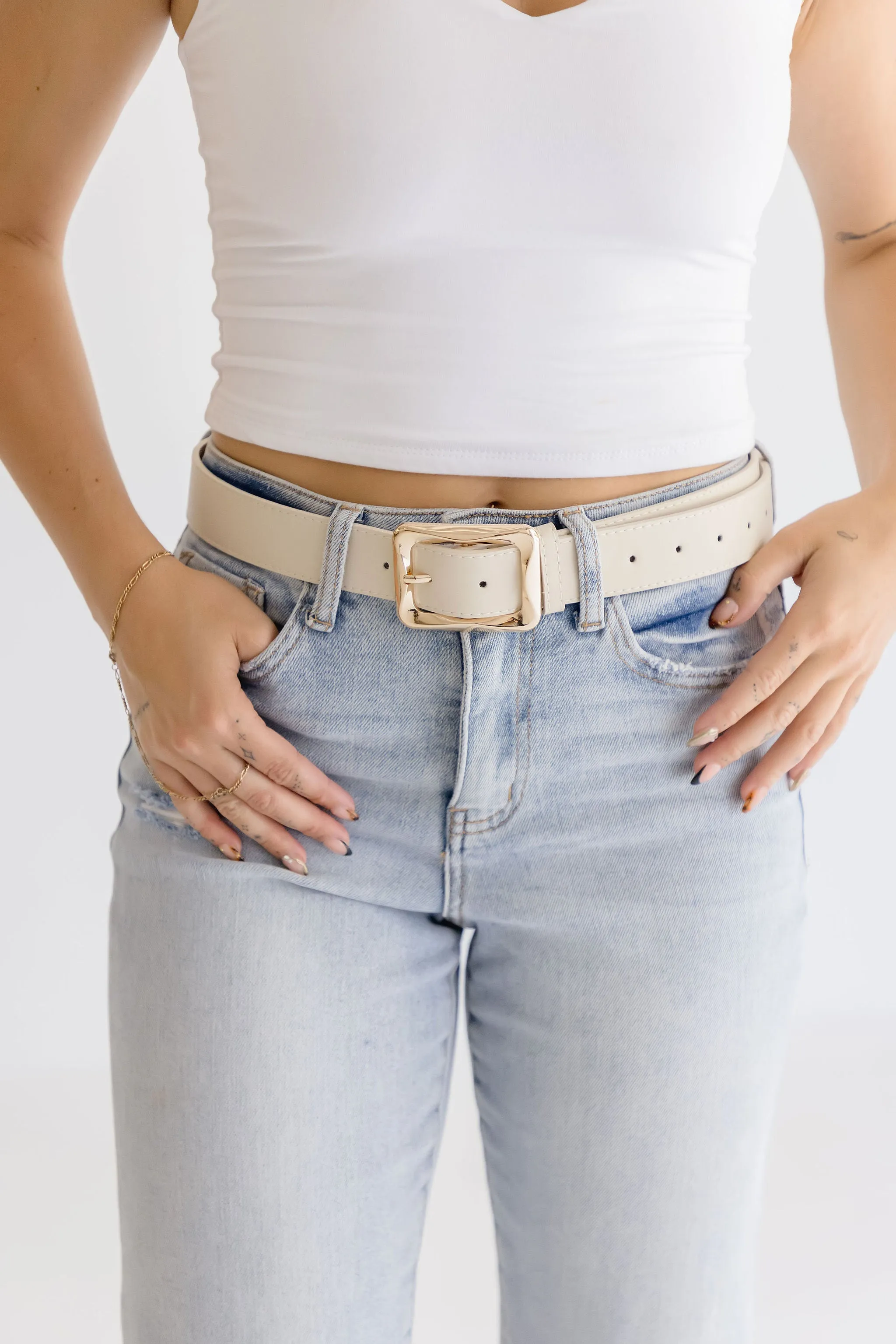 Diana Rectangle Metal Buckle Vegan Leather Belt Khaki