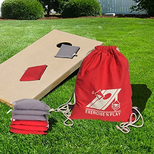 EXERCISE N PLAY Premium Weather Resistant Official Size ACA Regulation Duck Cloth Cornhole Bags(Set of 8) for Cornhole Bean Bags Toss Game,Red & Gray,Includes Shoulder Bag