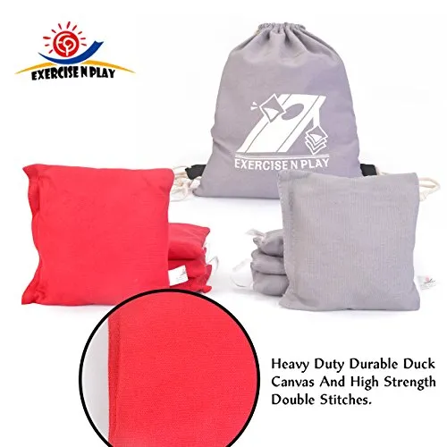 EXERCISE N PLAY Premium Weather Resistant Official Size ACA Regulation Duck Cloth Cornhole Bags(Set of 8) for Cornhole Bean Bags Toss Game,Red & Gray,Includes Shoulder Bag