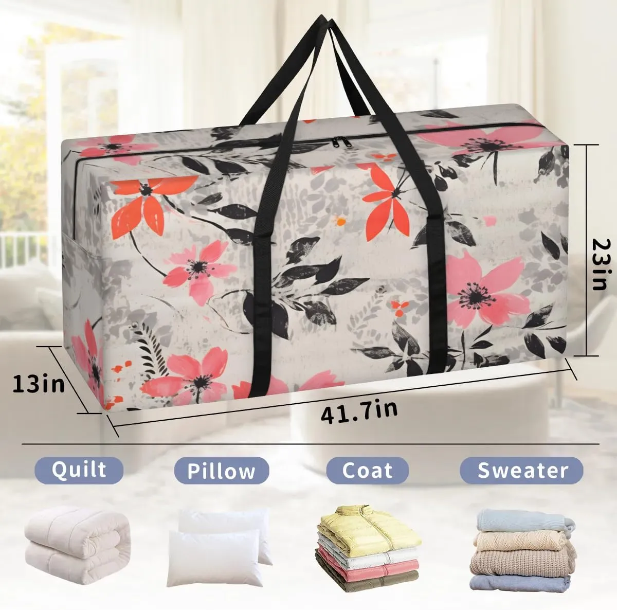 Extra Large Moving Bags Aesthetic Floral Storage Bags with Handles and Zippers Large Packing Bags for Space Saving Storage Totes Moving Supplies
