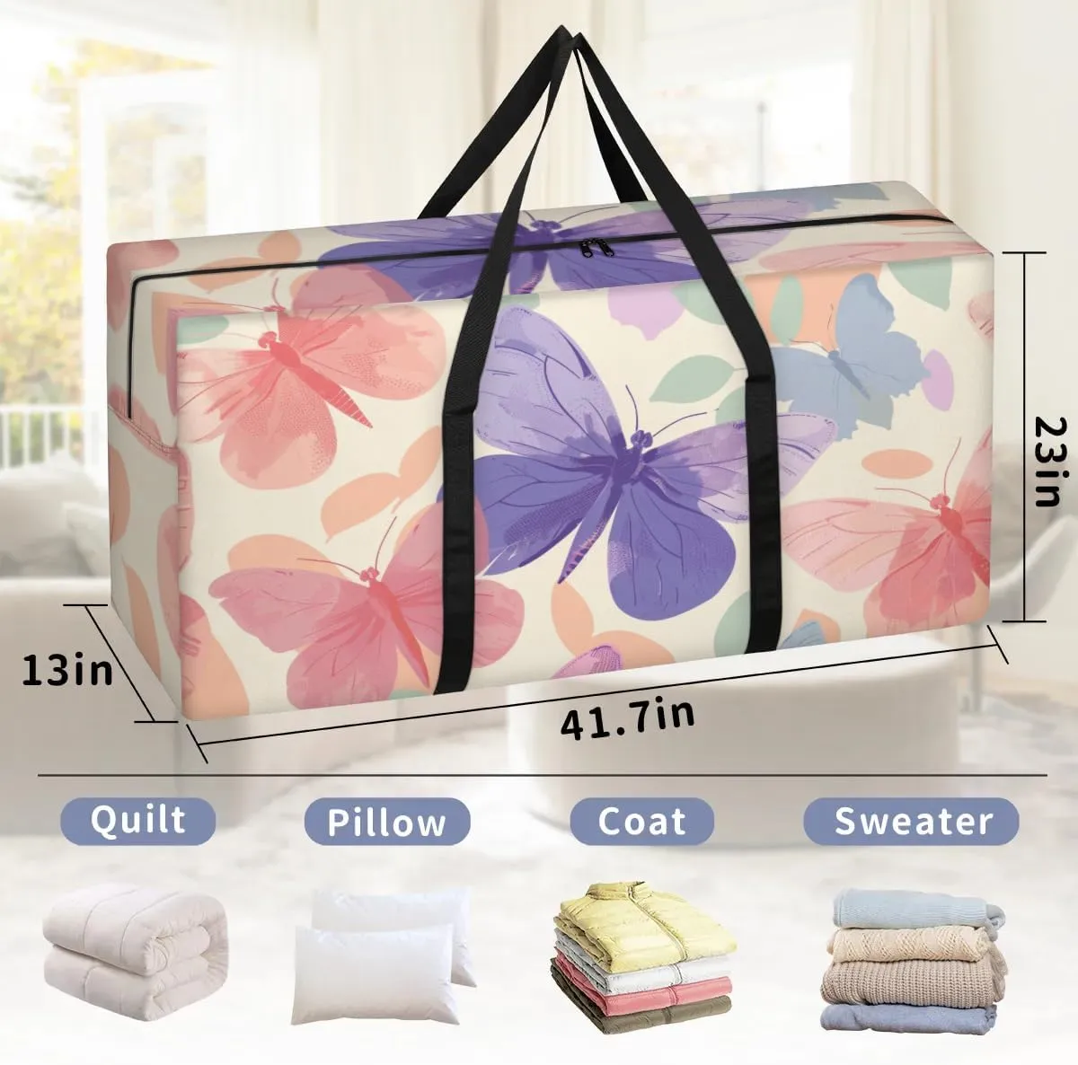 Extra Large Moving Bags Beautiful Butterflies Prints Storage Bags with Handles and Zippers Large Packing Bags for Space Saving Storage Totes Moving Supplies