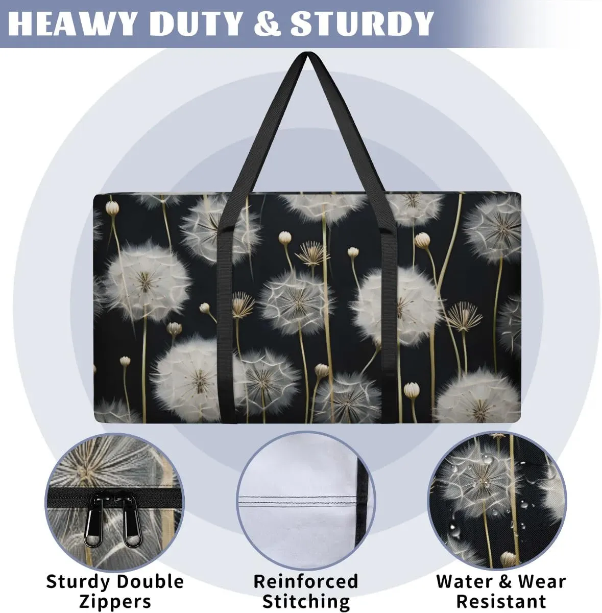 Extra Large Moving Bags Dandelion Floral Flower Storage Bags with Handles and Zippers Large Packing Bags for Space Saving Storage Totes Moving Supplies
