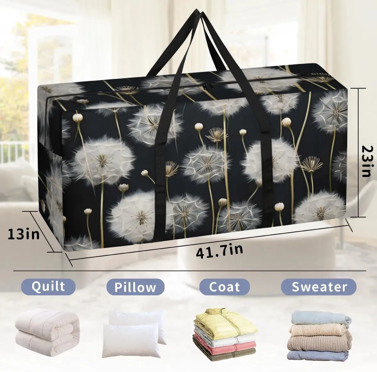 Extra Large Moving Bags Dandelion Floral Flower Storage Bags with Handles and Zippers Large Packing Bags for Space Saving Storage Totes Moving Supplies
