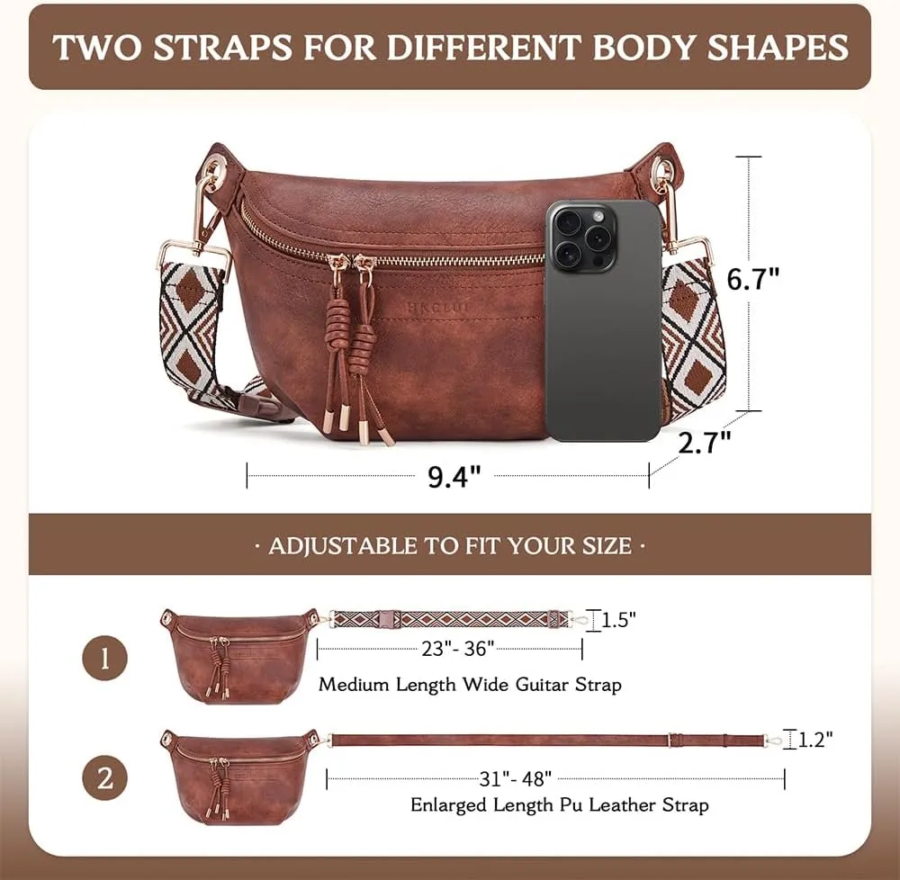 Fanny Pack Crossbody Bags for Women Vegan Leather Belt Bag Waist Pack Causal Chest Bum Bag With 2 Straps Brown