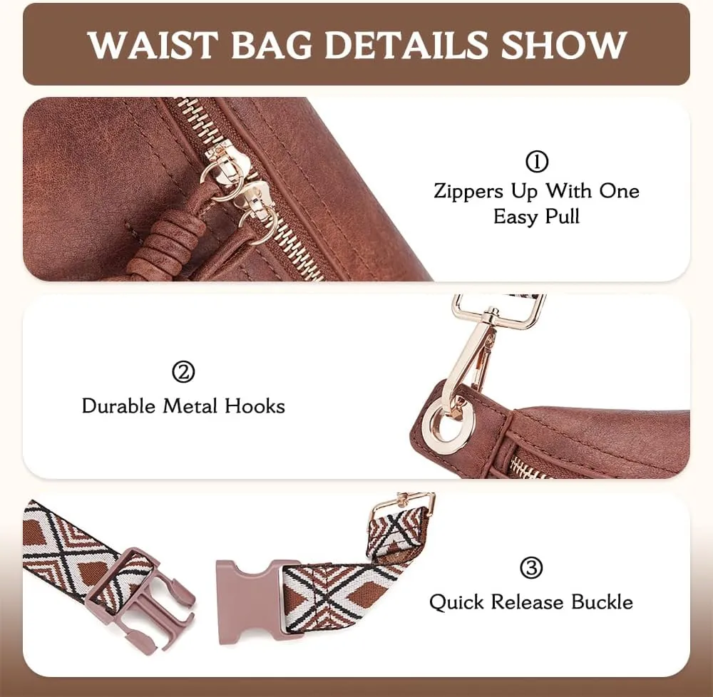 Fanny Pack Crossbody Bags for Women Vegan Leather Belt Bag Waist Pack Causal Chest Bum Bag With 2 Straps Brown