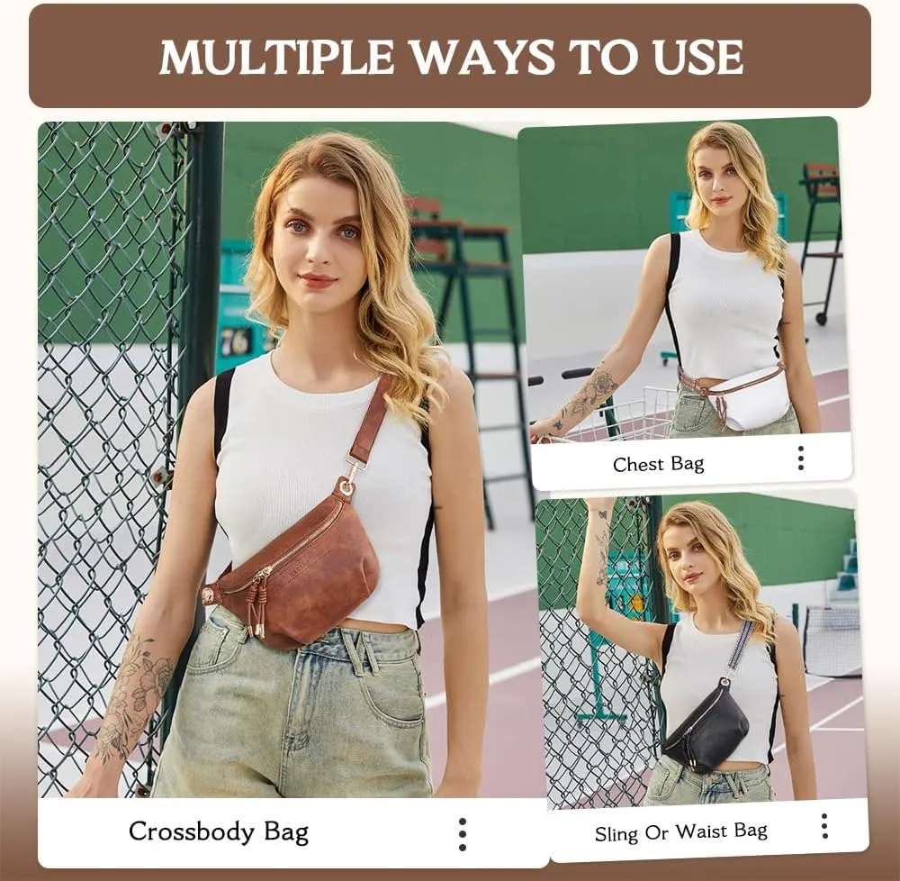Fanny Pack Crossbody Bags for Women Vegan Leather Belt Bag Waist Pack Causal Chest Bum Bag With 2 Straps Brown