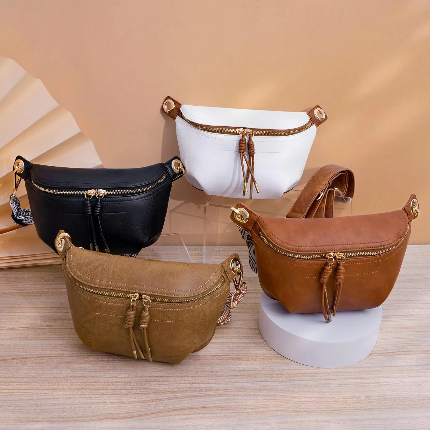 Fanny Pack Crossbody Bags for Women Vegan Leather Belt Bag Waist Pack Causal Chest Bum Bag With 2 Straps Brown