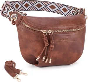 Fanny Pack Crossbody Bags for Women Vegan Leather Belt Bag Waist Pack Causal Chest Bum Bag With 2 Straps Brown