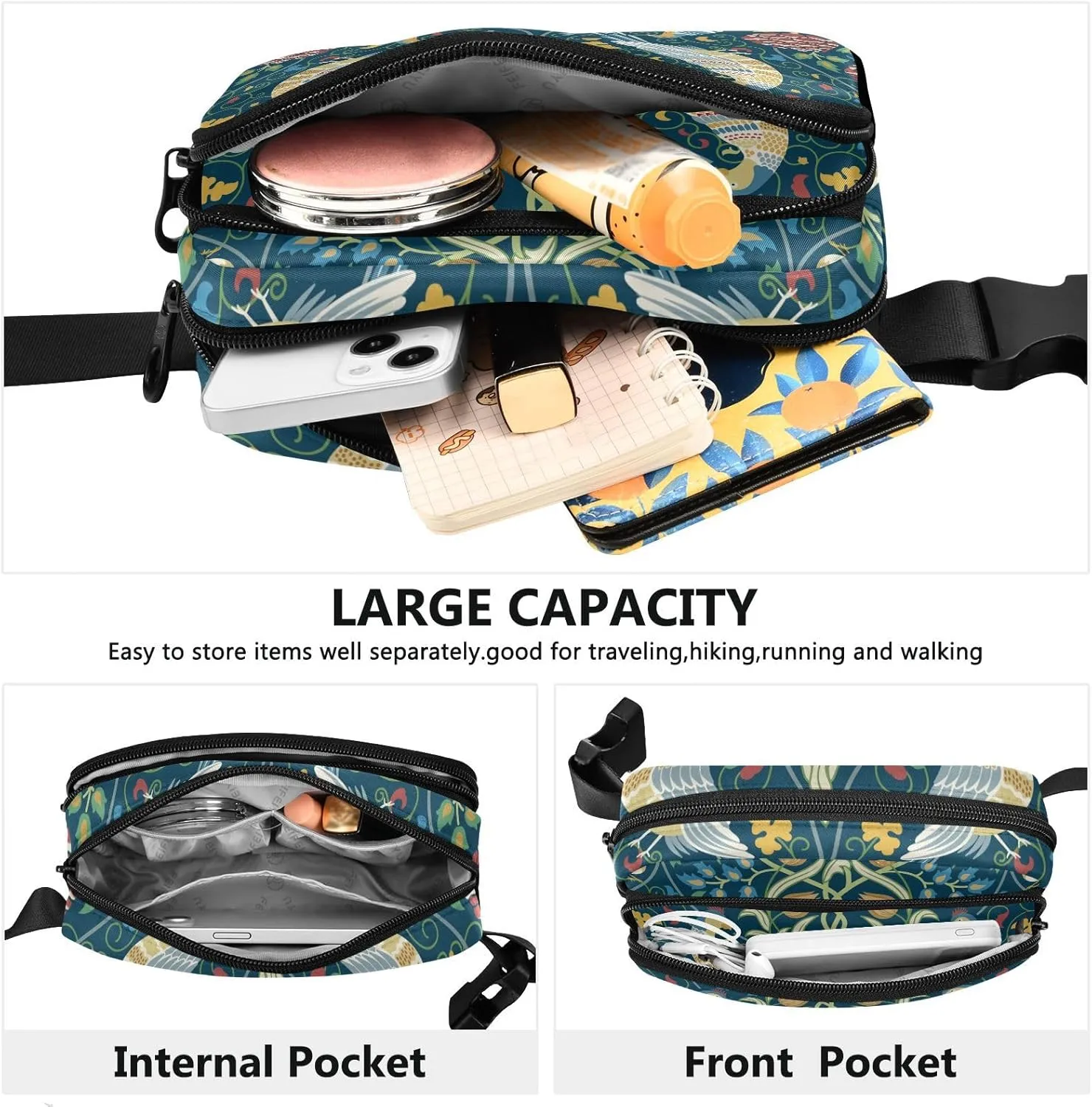 Fanny Pack for Men Women Crossbody Bag Belt Bag Nylon Waterproof Fashion Waist Packs Running Hiking Sports Bags Travel Side Bag Bird