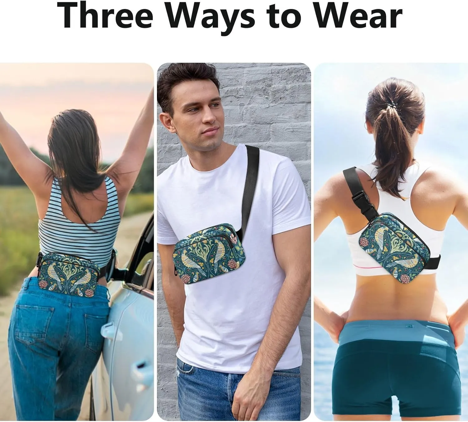 Fanny Pack for Men Women Crossbody Bag Belt Bag Nylon Waterproof Fashion Waist Packs Running Hiking Sports Bags Travel Side Bag Bird