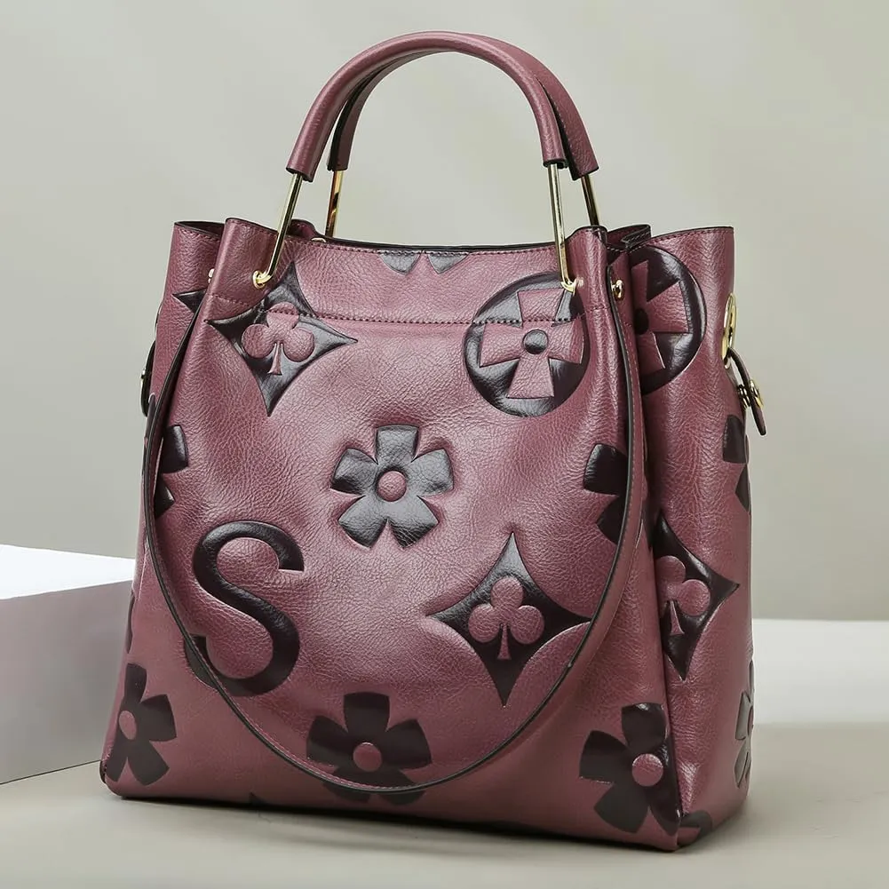 Floral Embossed Tote Bag,Bucket Purse Top Handle Crossbody Clutch Large Vegan Leather Hobo Trendy Designer Handbag for Women