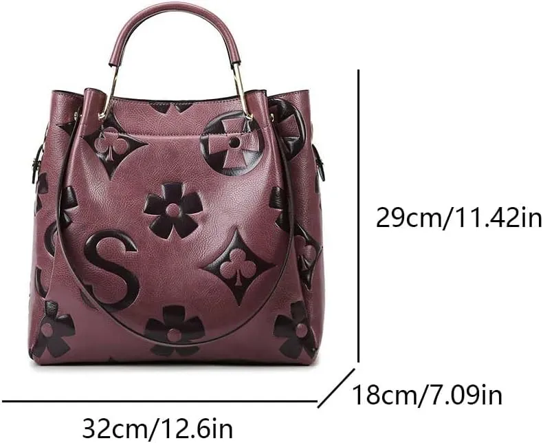 Floral Embossed Tote Bag,Bucket Purse Top Handle Crossbody Clutch Large Vegan Leather Hobo Trendy Designer Handbag for Women