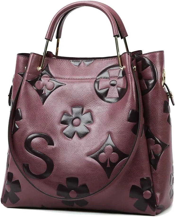 Floral Embossed Tote Bag,Bucket Purse Top Handle Crossbody Clutch Large Vegan Leather Hobo Trendy Designer Handbag for Women