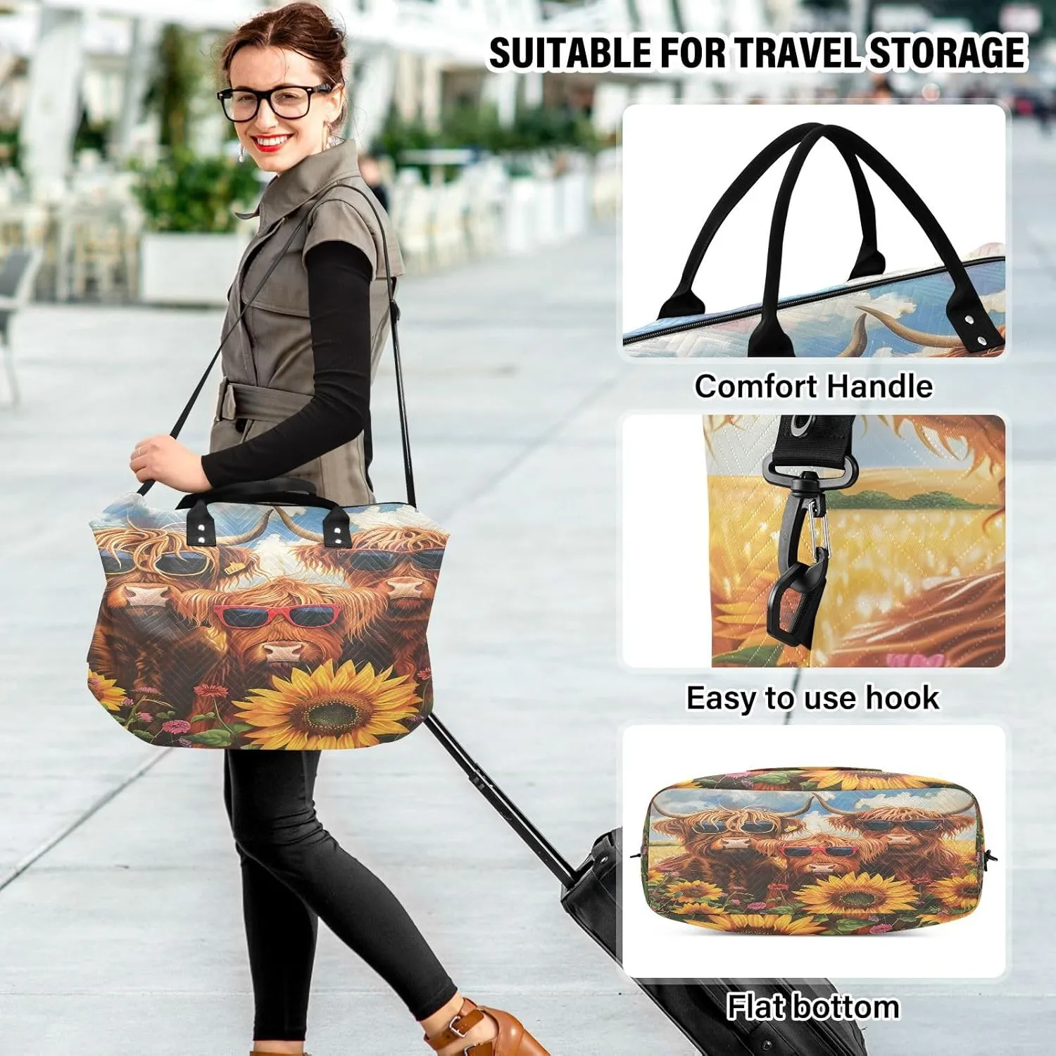 Flower Travel Duffle Gym Bag, Highland Cows Sunflowers Weekender for Women with Toiletry Bag Travel