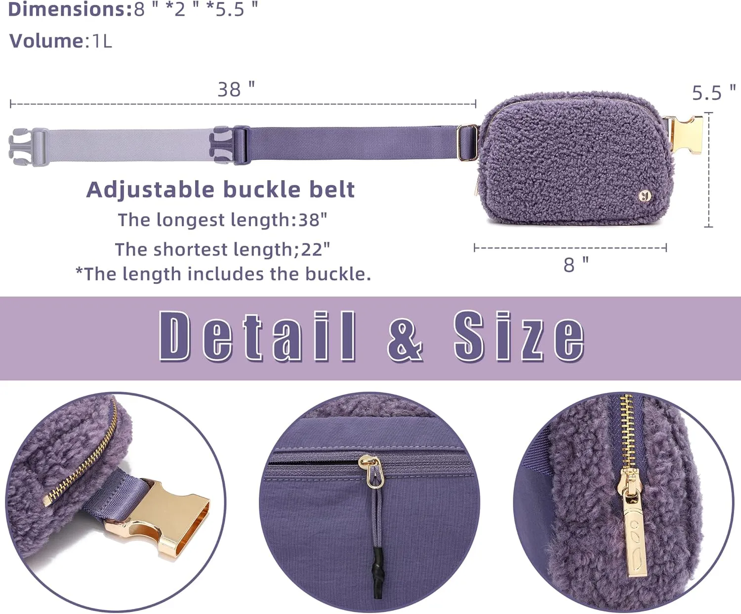 FODOKO Sherpa Belt Bag, Fleece Crossbody Bag Fanny Pack for Women Fashionable Everywhere Waist Bum Bag Pack with Hardware Buckle (Purple)