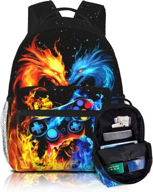 Gamer School Backpack For Boys Abstract Gamepad Boys Backpack For Kids Children Teens Elementary Middle School Boy Backpacks Ages 6-18 Fire Dragon Bookbag back pack