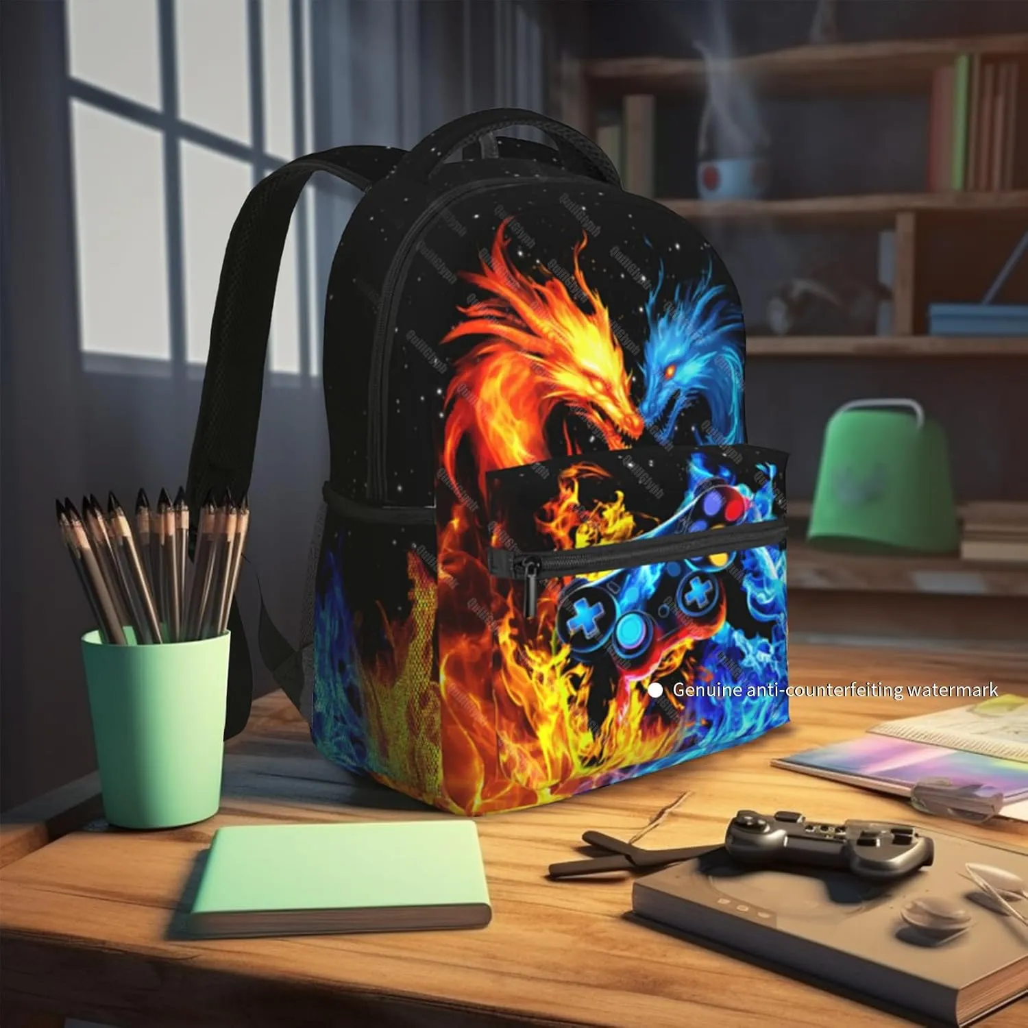 Gamer School Backpack For Boys Abstract Gamepad Boys Backpack For Kids Children Teens Elementary Middle School Boy Backpacks Ages 6-18 Fire Dragon Bookbag back pack