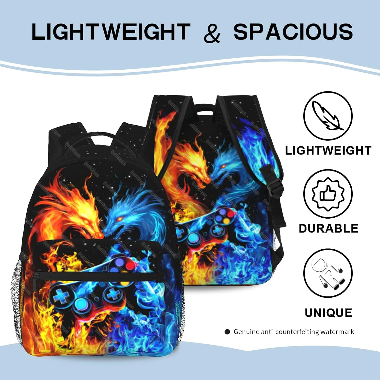 Gamer School Backpack For Boys Abstract Gamepad Boys Backpack For Kids Children Teens Elementary Middle School Boy Backpacks Ages 6-18 Fire Dragon Bookbag back pack