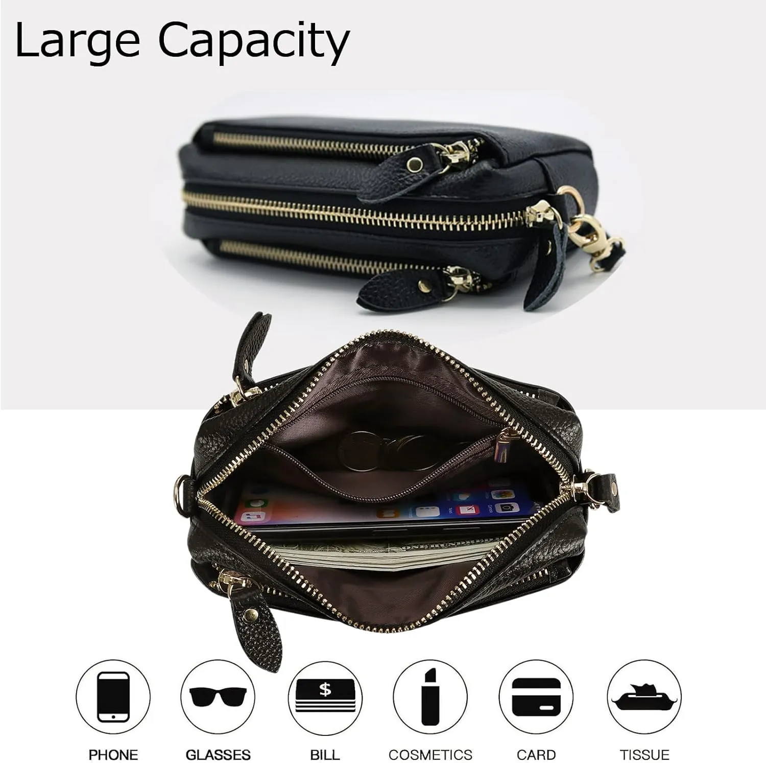 Genuine Leather Wristlet Clutch Wallet Purses for Women Small Crossbody Bags 7 Inch Shoulder Handbag 2 Straps