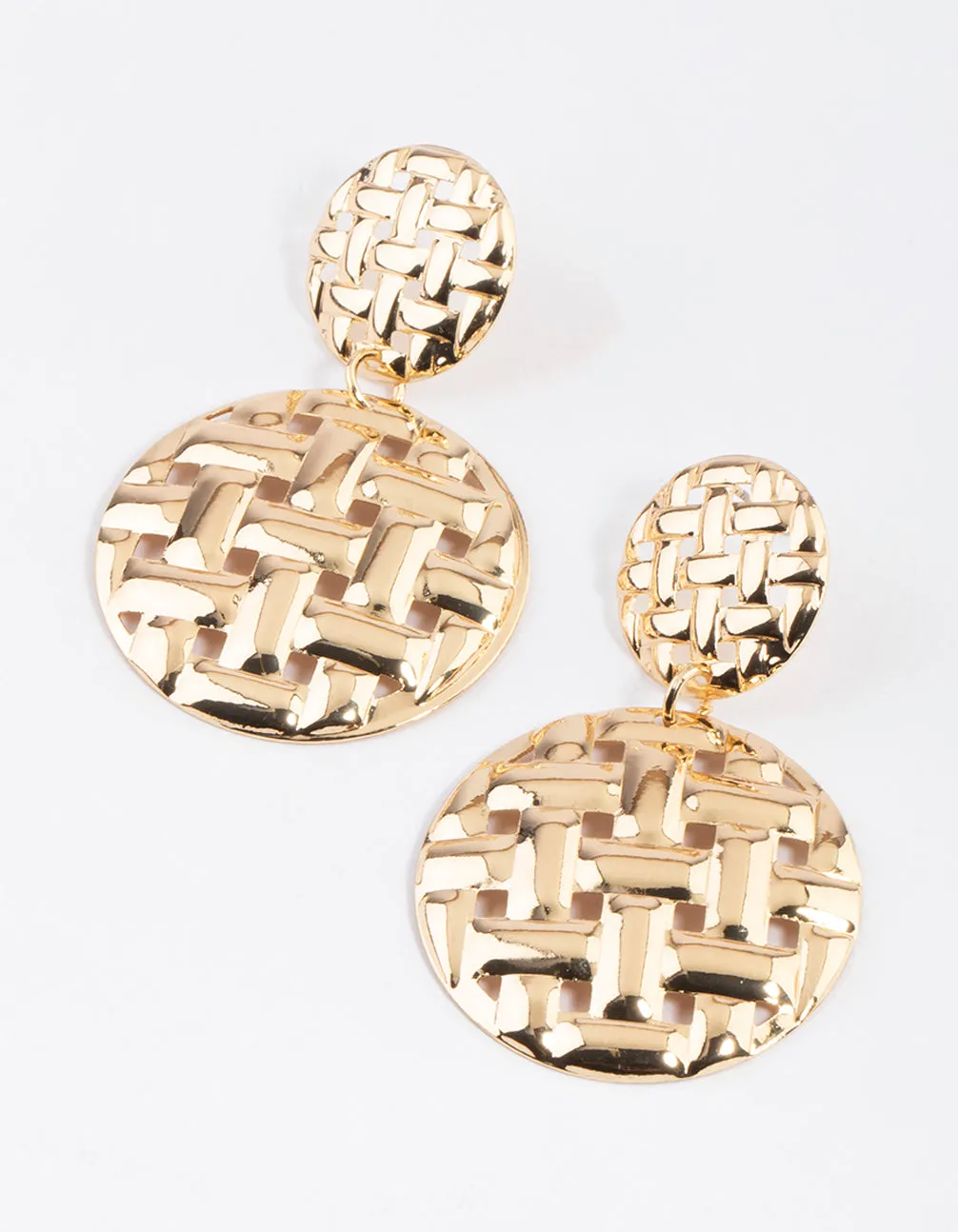 Gold Woven Double Disc Drop Earrings